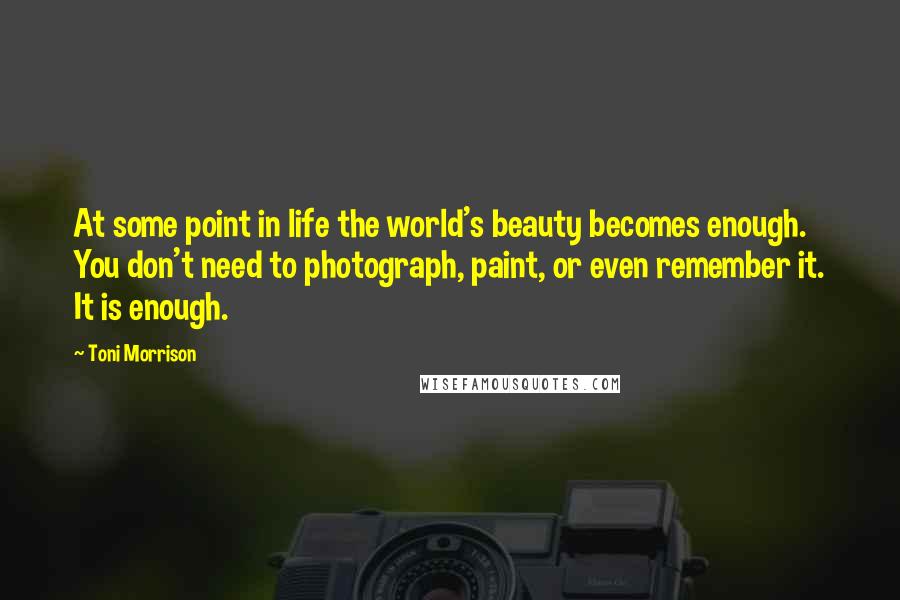 Toni Morrison Quotes: At some point in life the world's beauty becomes enough. You don't need to photograph, paint, or even remember it. It is enough.