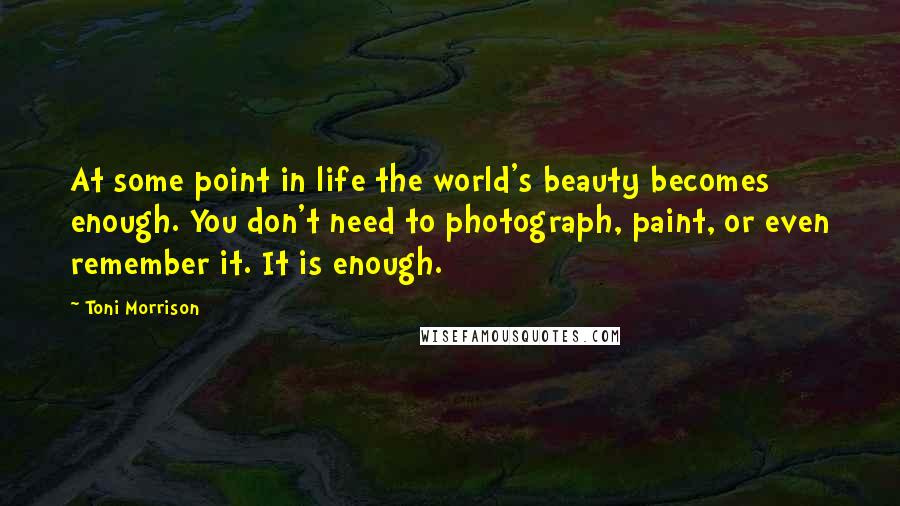 Toni Morrison Quotes: At some point in life the world's beauty becomes enough. You don't need to photograph, paint, or even remember it. It is enough.