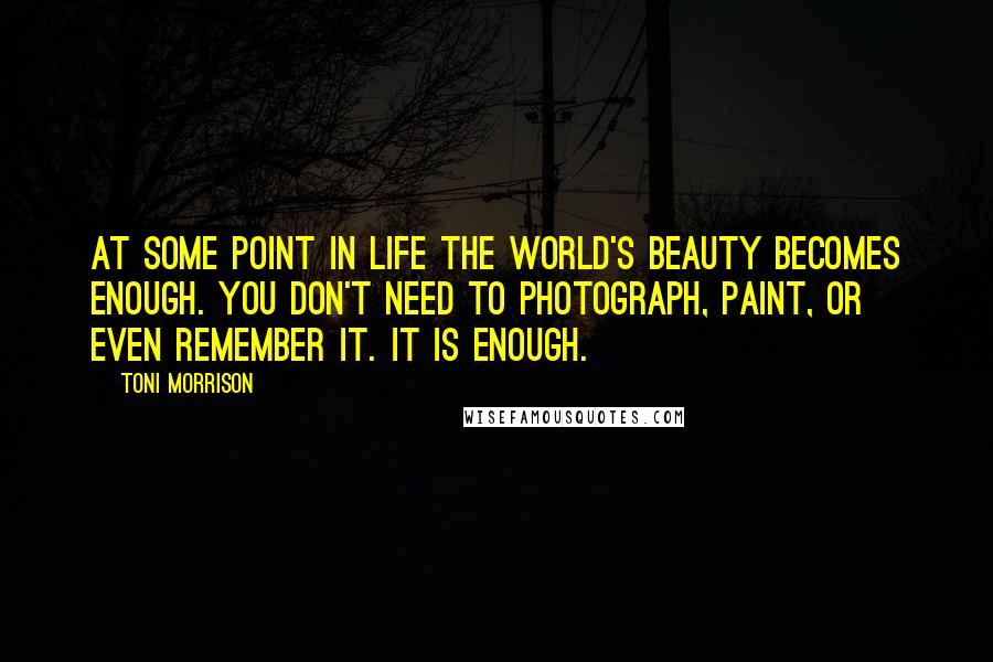 Toni Morrison Quotes: At some point in life the world's beauty becomes enough. You don't need to photograph, paint, or even remember it. It is enough.