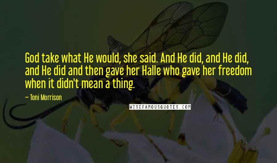 Toni Morrison Quotes: God take what He would, she said. And He did, and He did, and He did and then gave her Halle who gave her freedom when it didn't mean a thing.