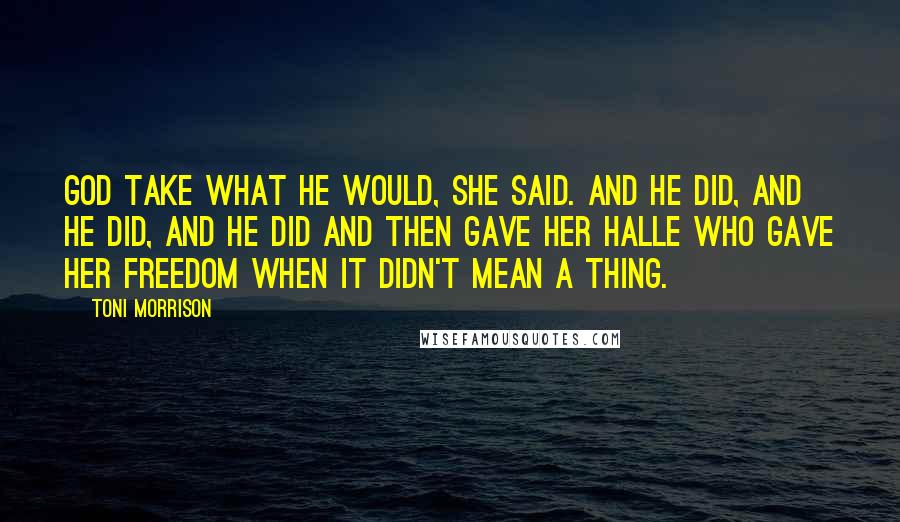 Toni Morrison Quotes: God take what He would, she said. And He did, and He did, and He did and then gave her Halle who gave her freedom when it didn't mean a thing.