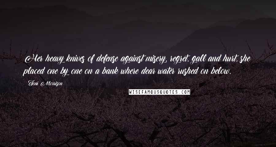 Toni Morrison Quotes: Her heavy knives of defense against misery, regret, gall and hurt, she placed one by one on a bank where dear water rushed on below.