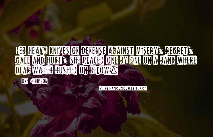 Toni Morrison Quotes: Her heavy knives of defense against misery, regret, gall and hurt, she placed one by one on a bank where dear water rushed on below.