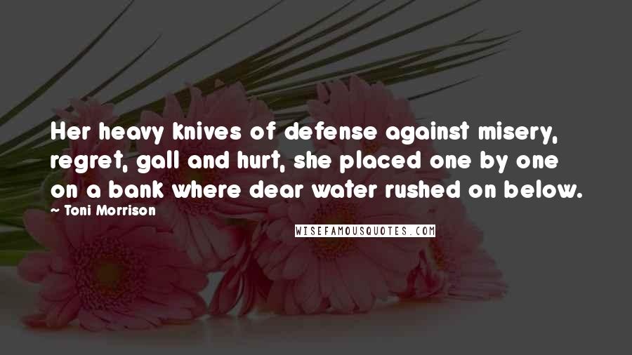 Toni Morrison Quotes: Her heavy knives of defense against misery, regret, gall and hurt, she placed one by one on a bank where dear water rushed on below.