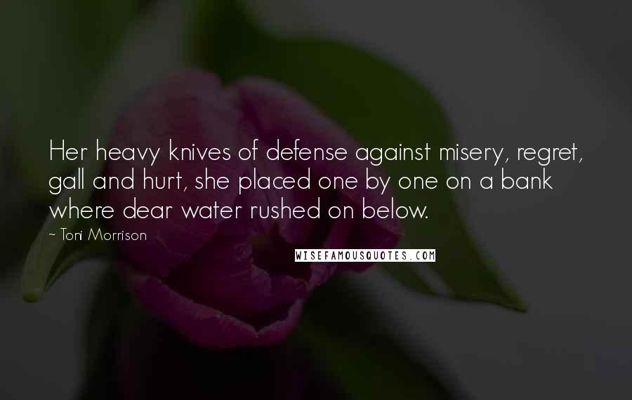 Toni Morrison Quotes: Her heavy knives of defense against misery, regret, gall and hurt, she placed one by one on a bank where dear water rushed on below.