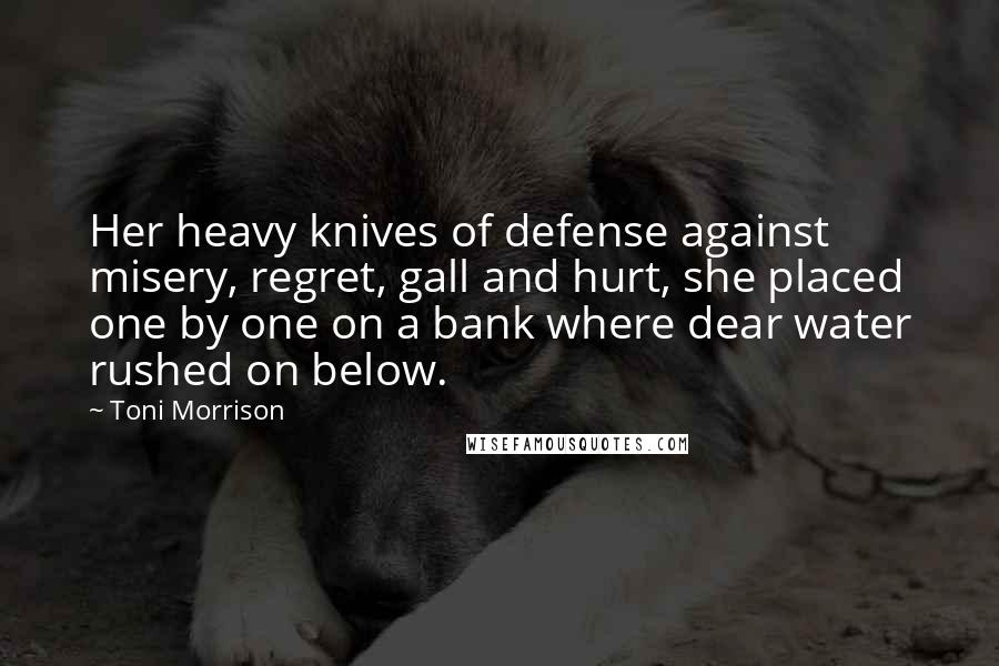 Toni Morrison Quotes: Her heavy knives of defense against misery, regret, gall and hurt, she placed one by one on a bank where dear water rushed on below.