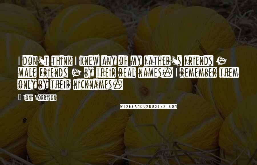 Toni Morrison Quotes: I don't think I knew any of my father's friends - male friends - by their real names. I remember them only by their nicknames.