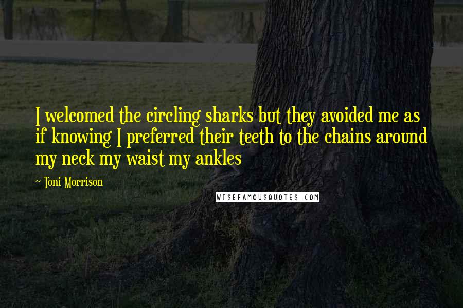 Toni Morrison Quotes: I welcomed the circling sharks but they avoided me as if knowing I preferred their teeth to the chains around my neck my waist my ankles