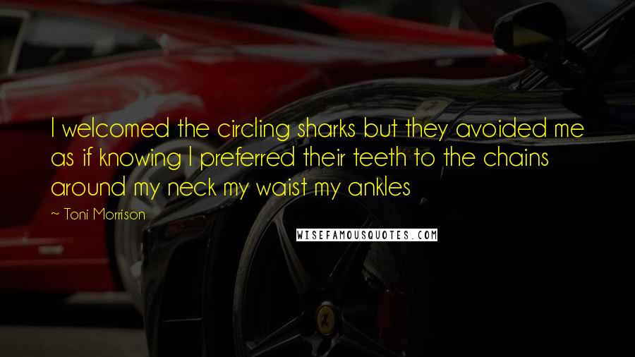 Toni Morrison Quotes: I welcomed the circling sharks but they avoided me as if knowing I preferred their teeth to the chains around my neck my waist my ankles