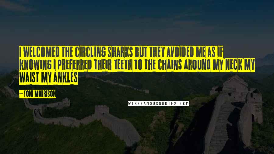 Toni Morrison Quotes: I welcomed the circling sharks but they avoided me as if knowing I preferred their teeth to the chains around my neck my waist my ankles