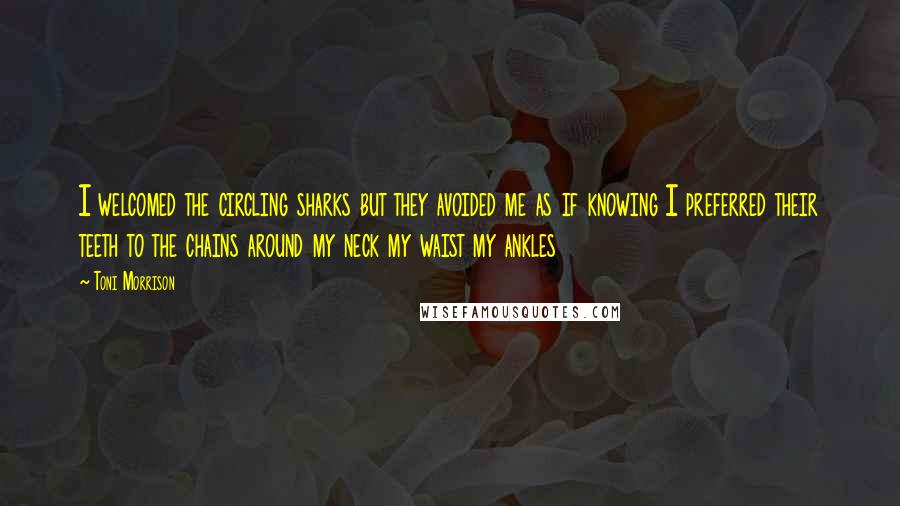 Toni Morrison Quotes: I welcomed the circling sharks but they avoided me as if knowing I preferred their teeth to the chains around my neck my waist my ankles