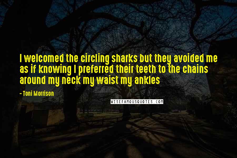 Toni Morrison Quotes: I welcomed the circling sharks but they avoided me as if knowing I preferred their teeth to the chains around my neck my waist my ankles