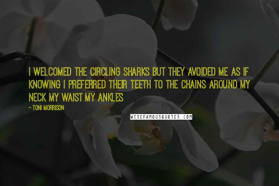 Toni Morrison Quotes: I welcomed the circling sharks but they avoided me as if knowing I preferred their teeth to the chains around my neck my waist my ankles