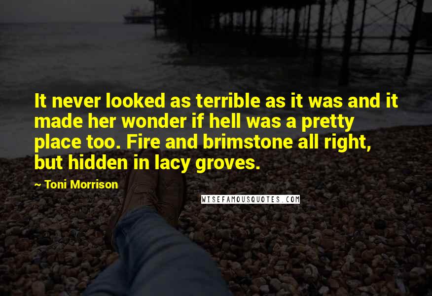 Toni Morrison Quotes: It never looked as terrible as it was and it made her wonder if hell was a pretty place too. Fire and brimstone all right, but hidden in lacy groves.