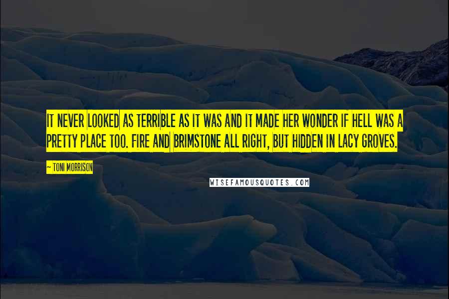 Toni Morrison Quotes: It never looked as terrible as it was and it made her wonder if hell was a pretty place too. Fire and brimstone all right, but hidden in lacy groves.