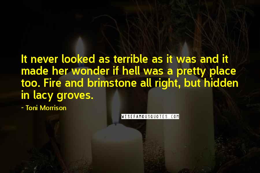 Toni Morrison Quotes: It never looked as terrible as it was and it made her wonder if hell was a pretty place too. Fire and brimstone all right, but hidden in lacy groves.