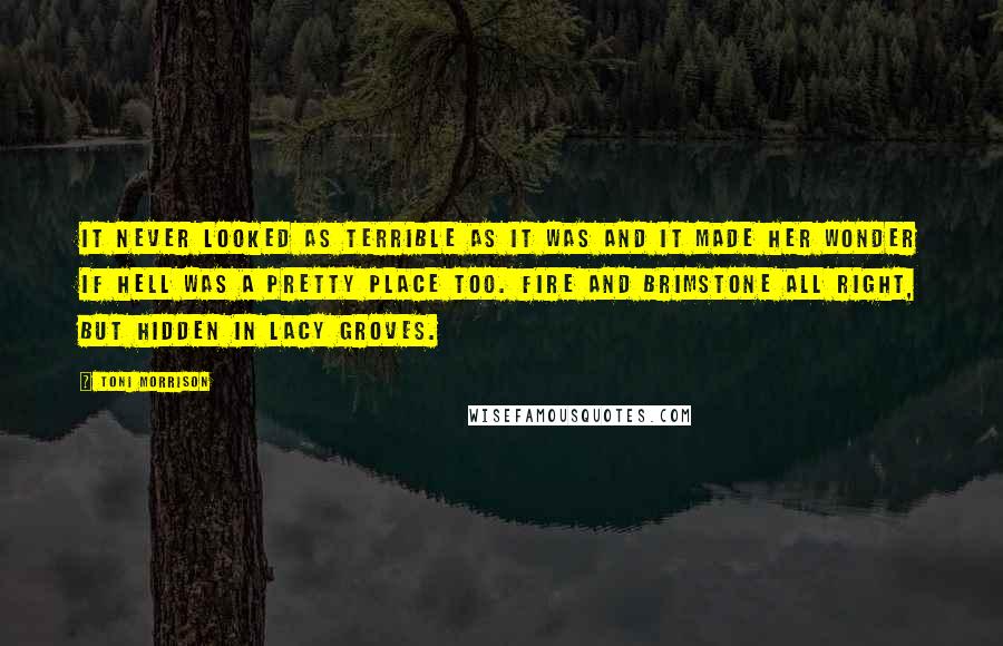 Toni Morrison Quotes: It never looked as terrible as it was and it made her wonder if hell was a pretty place too. Fire and brimstone all right, but hidden in lacy groves.