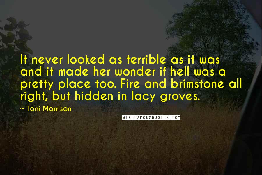 Toni Morrison Quotes: It never looked as terrible as it was and it made her wonder if hell was a pretty place too. Fire and brimstone all right, but hidden in lacy groves.