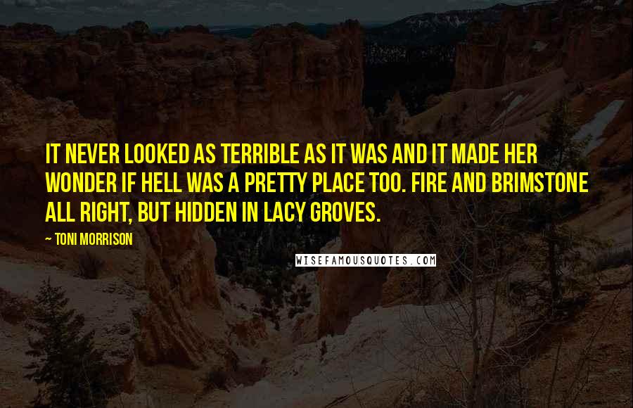 Toni Morrison Quotes: It never looked as terrible as it was and it made her wonder if hell was a pretty place too. Fire and brimstone all right, but hidden in lacy groves.