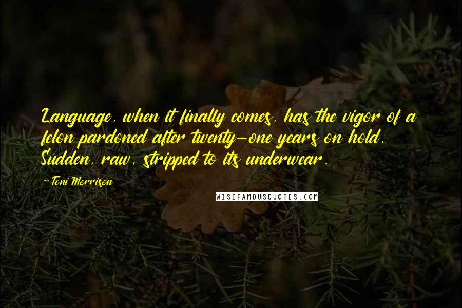 Toni Morrison Quotes: Language, when it finally comes, has the vigor of a felon pardoned after twenty-one years on hold. Sudden, raw, stripped to its underwear.