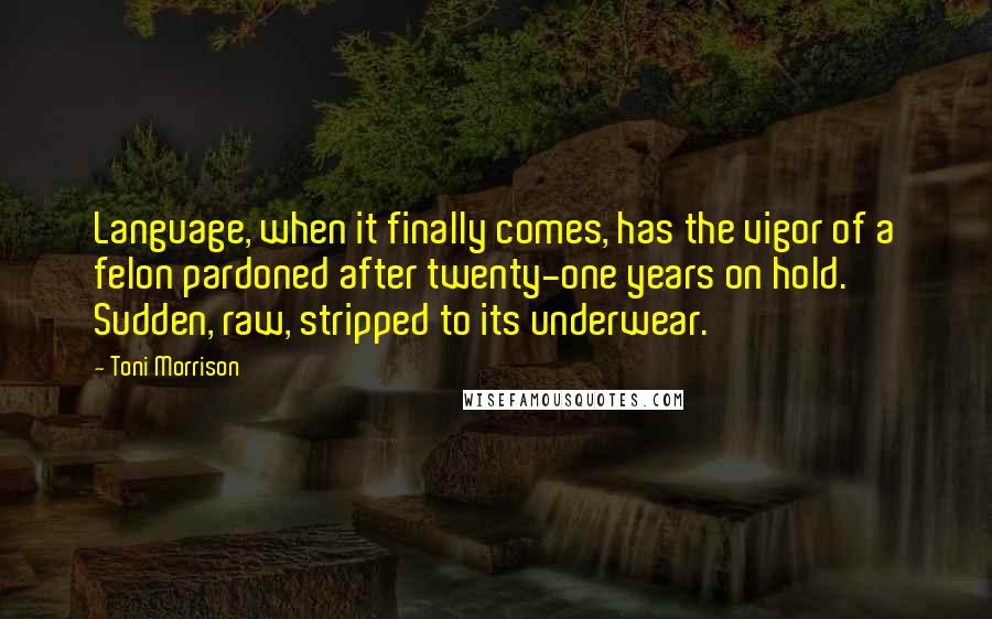 Toni Morrison Quotes: Language, when it finally comes, has the vigor of a felon pardoned after twenty-one years on hold. Sudden, raw, stripped to its underwear.