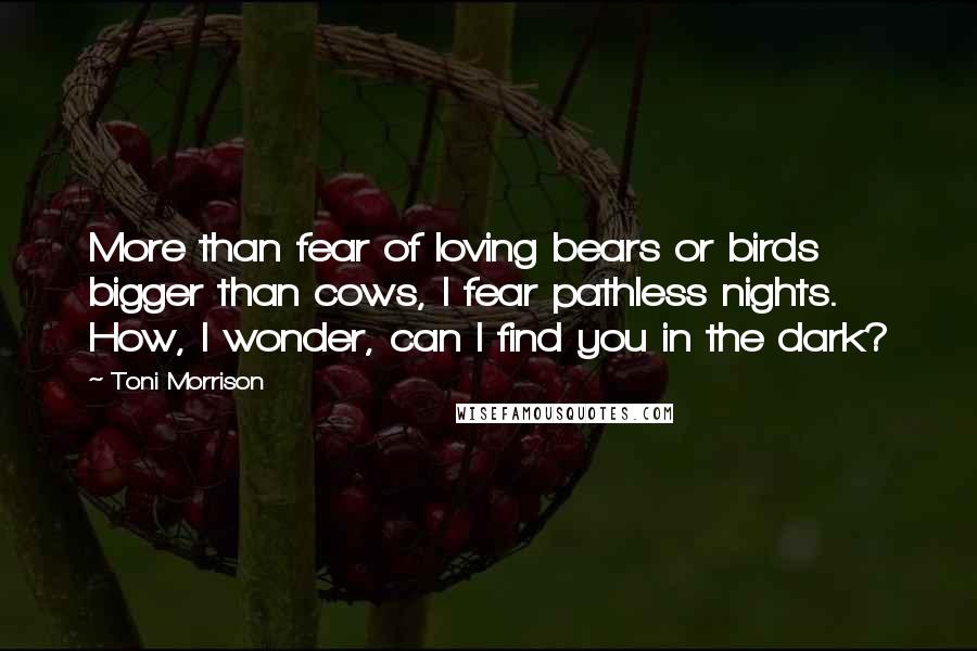 Toni Morrison Quotes: More than fear of loving bears or birds bigger than cows, I fear pathless nights. How, I wonder, can I find you in the dark?