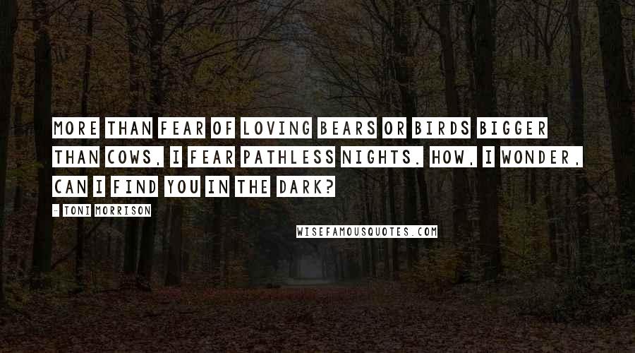 Toni Morrison Quotes: More than fear of loving bears or birds bigger than cows, I fear pathless nights. How, I wonder, can I find you in the dark?