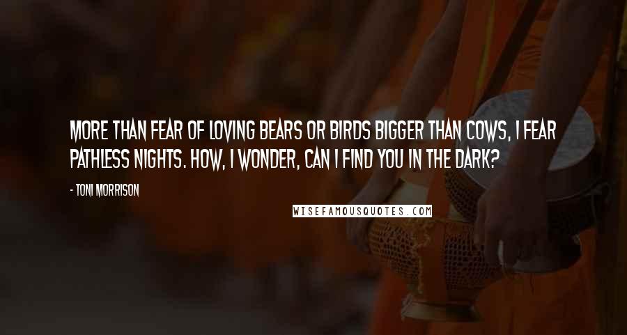 Toni Morrison Quotes: More than fear of loving bears or birds bigger than cows, I fear pathless nights. How, I wonder, can I find you in the dark?