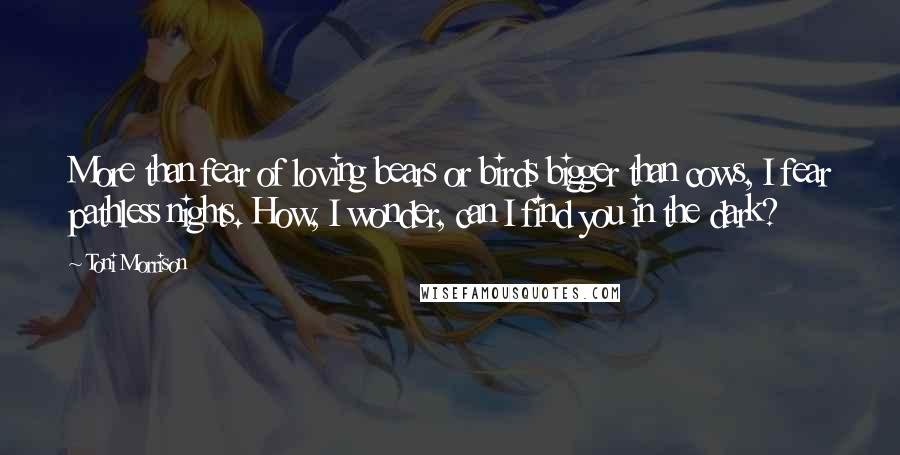 Toni Morrison Quotes: More than fear of loving bears or birds bigger than cows, I fear pathless nights. How, I wonder, can I find you in the dark?