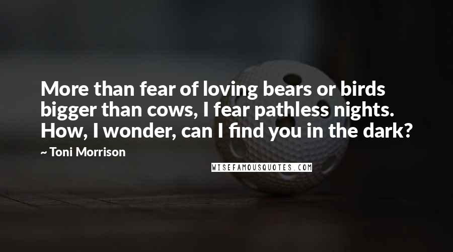 Toni Morrison Quotes: More than fear of loving bears or birds bigger than cows, I fear pathless nights. How, I wonder, can I find you in the dark?