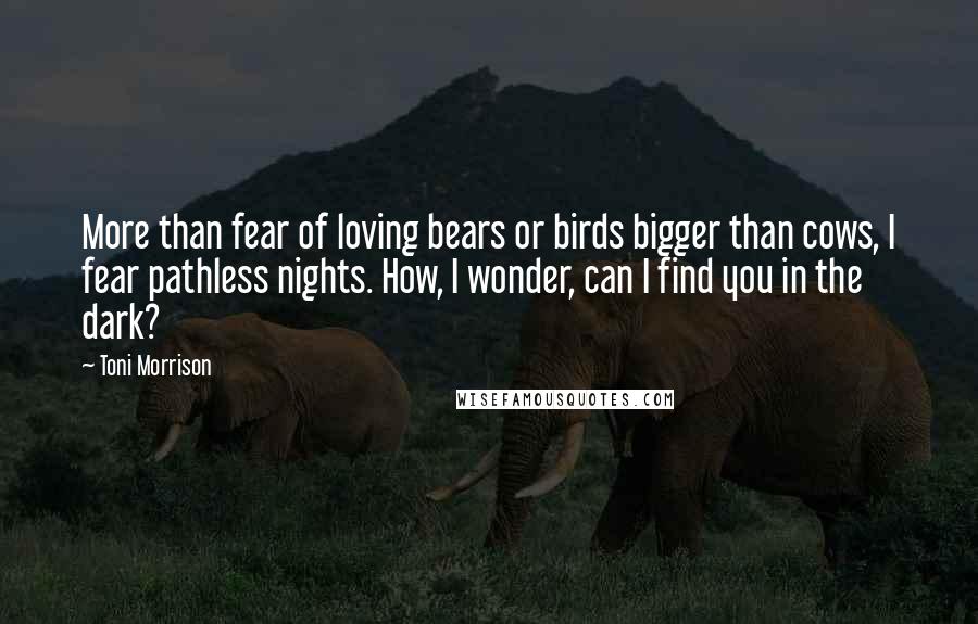 Toni Morrison Quotes: More than fear of loving bears or birds bigger than cows, I fear pathless nights. How, I wonder, can I find you in the dark?