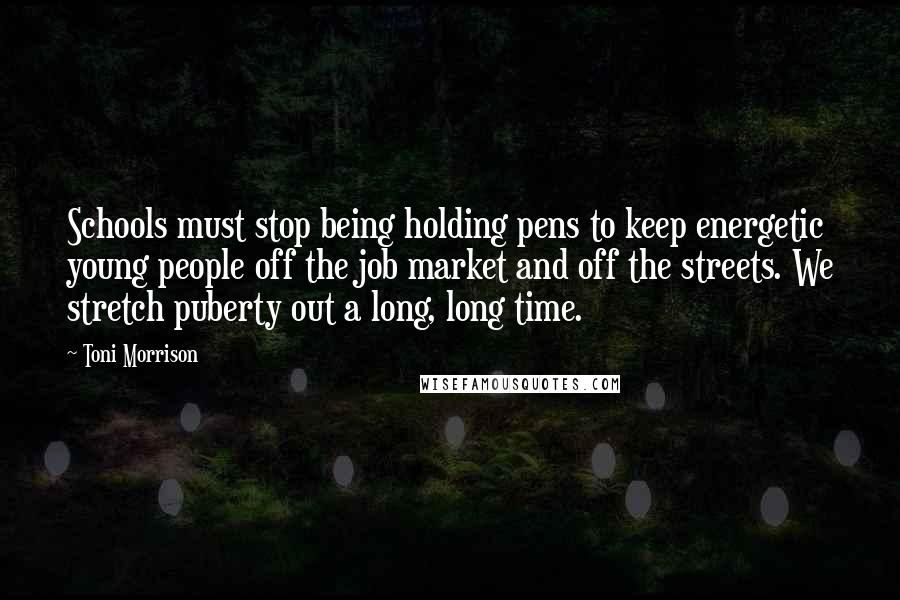 Toni Morrison Quotes: Schools must stop being holding pens to keep energetic young people off the job market and off the streets. We stretch puberty out a long, long time.