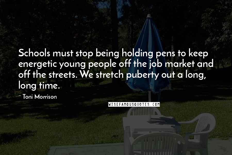 Toni Morrison Quotes: Schools must stop being holding pens to keep energetic young people off the job market and off the streets. We stretch puberty out a long, long time.