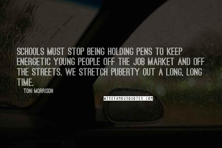 Toni Morrison Quotes: Schools must stop being holding pens to keep energetic young people off the job market and off the streets. We stretch puberty out a long, long time.