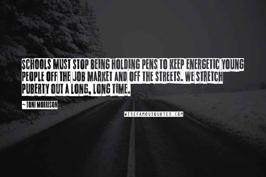 Toni Morrison Quotes: Schools must stop being holding pens to keep energetic young people off the job market and off the streets. We stretch puberty out a long, long time.