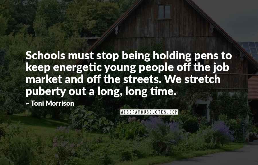 Toni Morrison Quotes: Schools must stop being holding pens to keep energetic young people off the job market and off the streets. We stretch puberty out a long, long time.