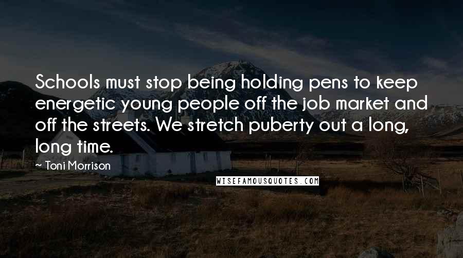 Toni Morrison Quotes: Schools must stop being holding pens to keep energetic young people off the job market and off the streets. We stretch puberty out a long, long time.