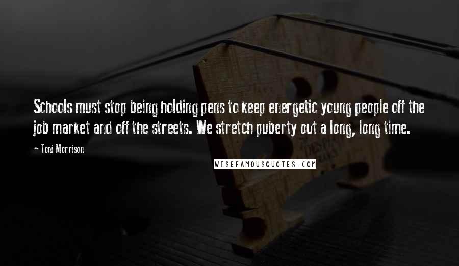 Toni Morrison Quotes: Schools must stop being holding pens to keep energetic young people off the job market and off the streets. We stretch puberty out a long, long time.