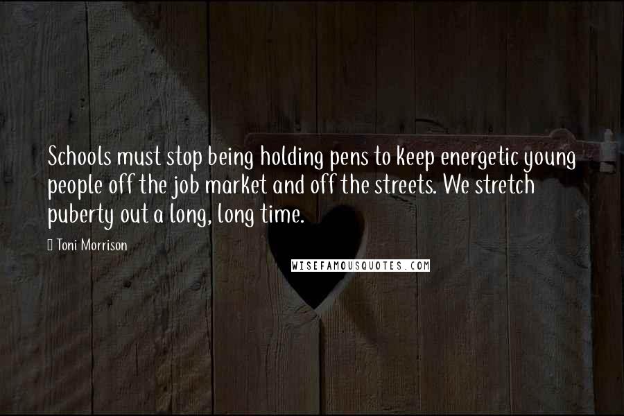 Toni Morrison Quotes: Schools must stop being holding pens to keep energetic young people off the job market and off the streets. We stretch puberty out a long, long time.