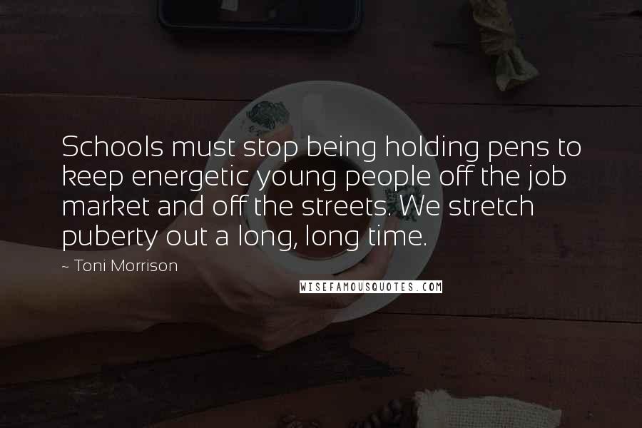 Toni Morrison Quotes: Schools must stop being holding pens to keep energetic young people off the job market and off the streets. We stretch puberty out a long, long time.