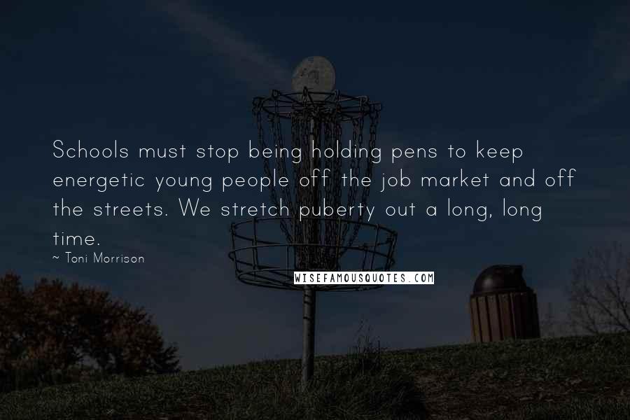 Toni Morrison Quotes: Schools must stop being holding pens to keep energetic young people off the job market and off the streets. We stretch puberty out a long, long time.