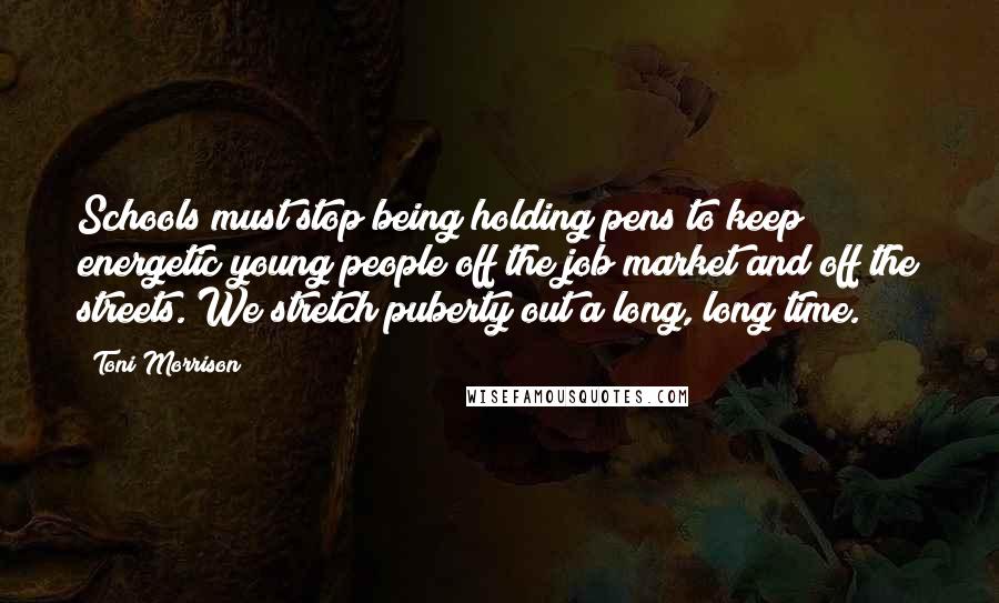 Toni Morrison Quotes: Schools must stop being holding pens to keep energetic young people off the job market and off the streets. We stretch puberty out a long, long time.