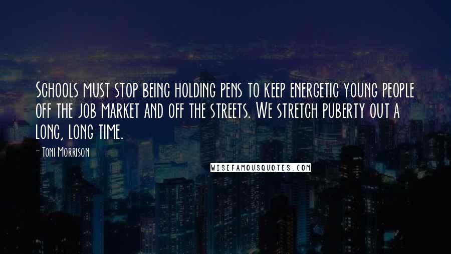 Toni Morrison Quotes: Schools must stop being holding pens to keep energetic young people off the job market and off the streets. We stretch puberty out a long, long time.