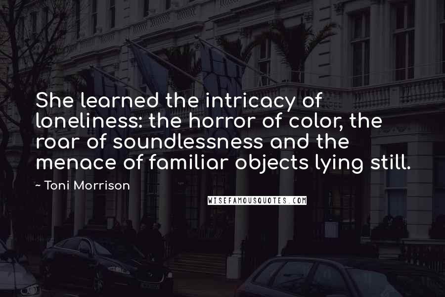 Toni Morrison Quotes: She learned the intricacy of loneliness: the horror of color, the roar of soundlessness and the menace of familiar objects lying still.