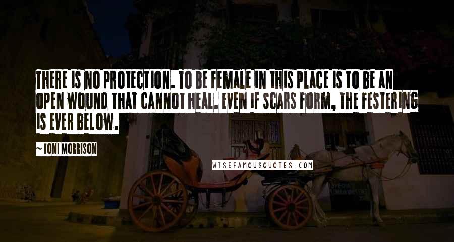 Toni Morrison Quotes: There is no protection. To be female in this place is to be an open wound that cannot heal. Even if scars form, the festering is ever below.