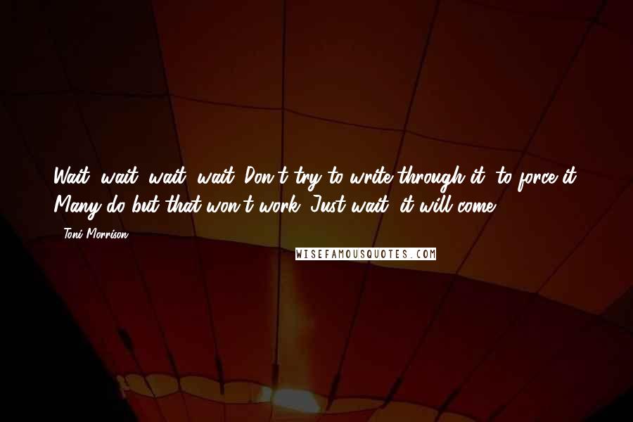 Toni Morrison Quotes: Wait, wait, wait, wait. Don't try to write through it, to force it. Many do but that won't work. Just wait, it will come.