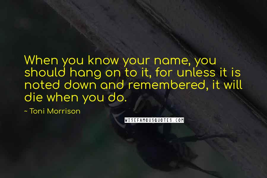 Toni Morrison Quotes: When you know your name, you should hang on to it, for unless it is noted down and remembered, it will die when you do.