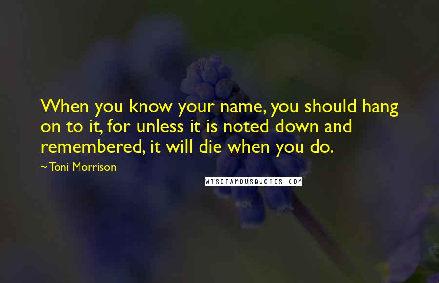 Toni Morrison Quotes: When you know your name, you should hang on to it, for unless it is noted down and remembered, it will die when you do.