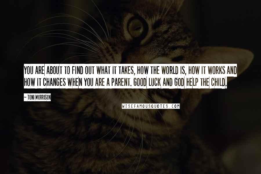 Toni Morrison Quotes: You are about to find out what it takes, how the world is, how it works and how it changes when you are a parent. Good luck and God help the child.