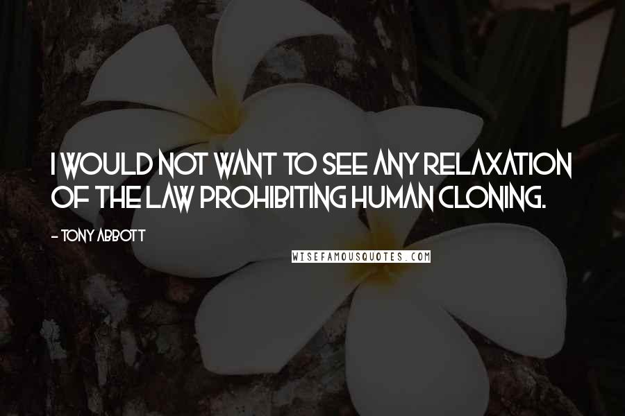 Tony Abbott Quotes: I would not want to see any relaxation of the law prohibiting human cloning.